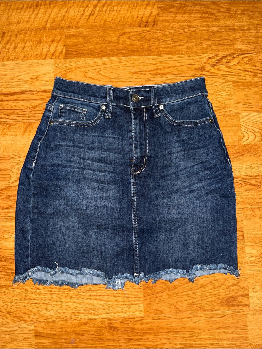 Fashion Nova Dark Blue Denim Mini Skirt with Frayed Hem - 1/25